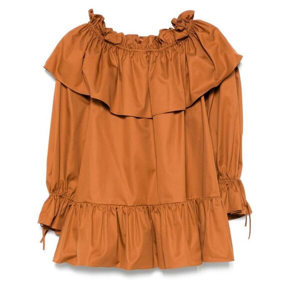 SAINT LAURENT Off-the-Shoulder Ruffled Midi Dress Women BROWN Dresses